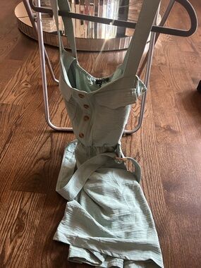 Mint Green Button-Front Romper with Waist Tie